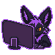 A purple alien fox behind a monitor