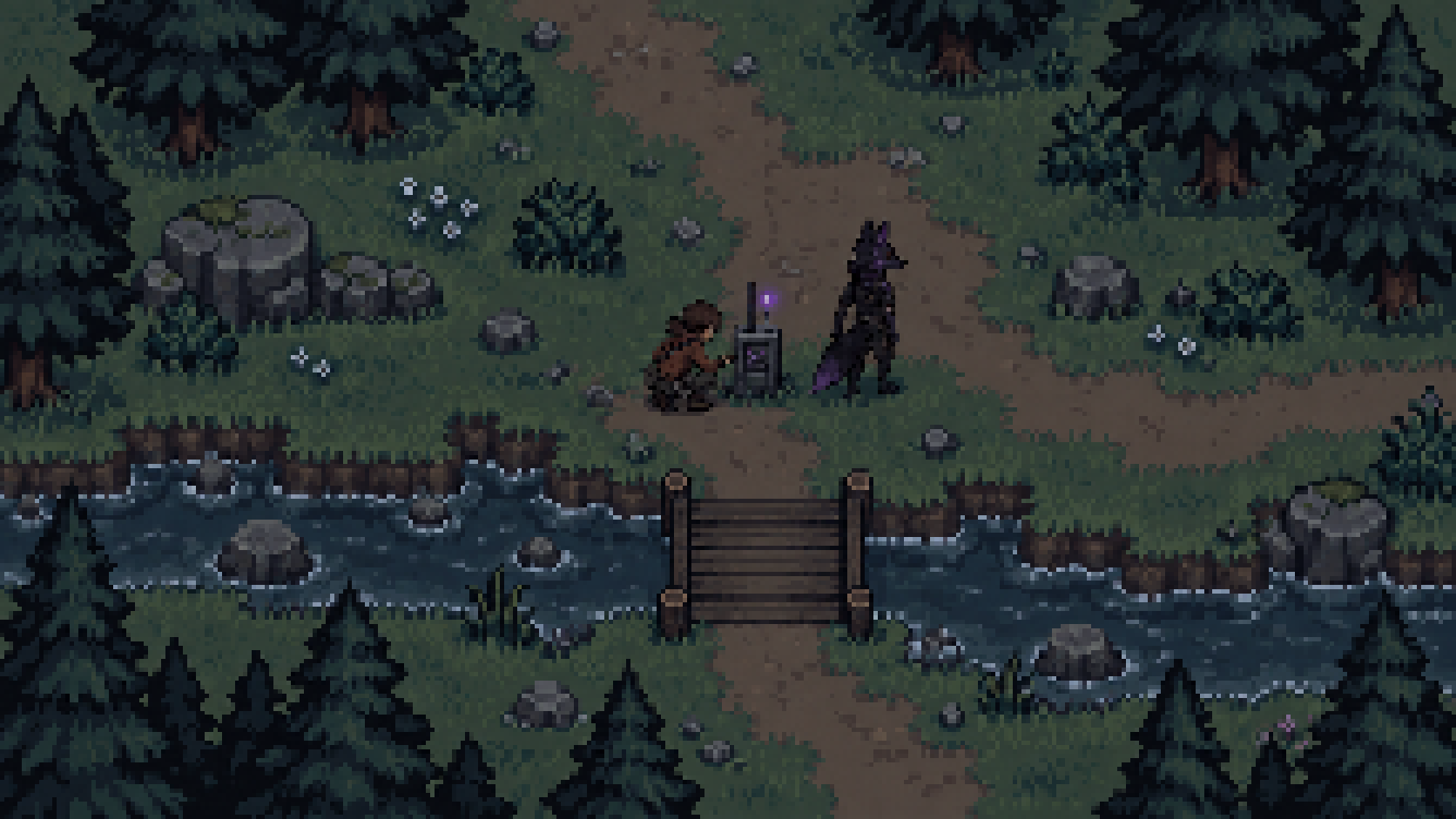 Elay repairs a relay box while Alyss watches beside a river at dusk.
